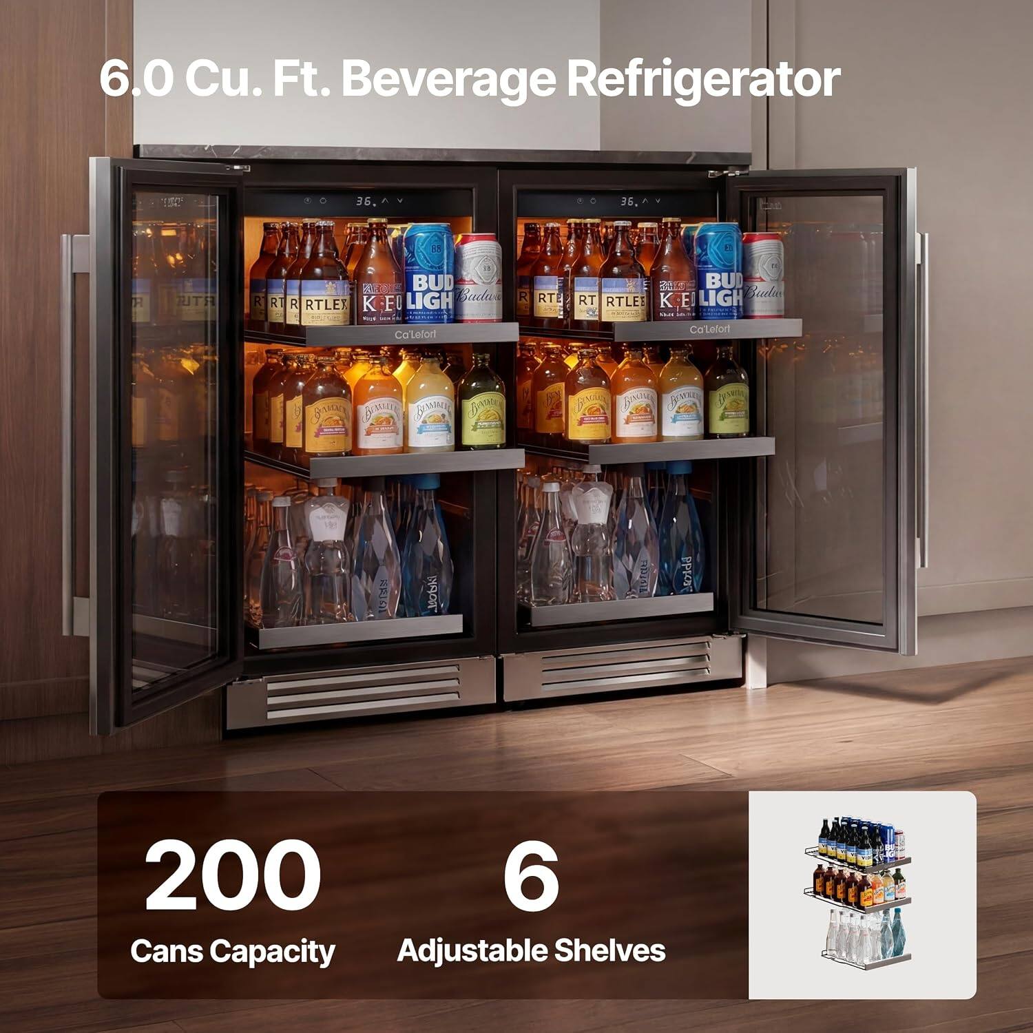 6.0 Cu. Ft. Beverage Refrigerator

200 Cans Capacity

6 Adjustable Shelves