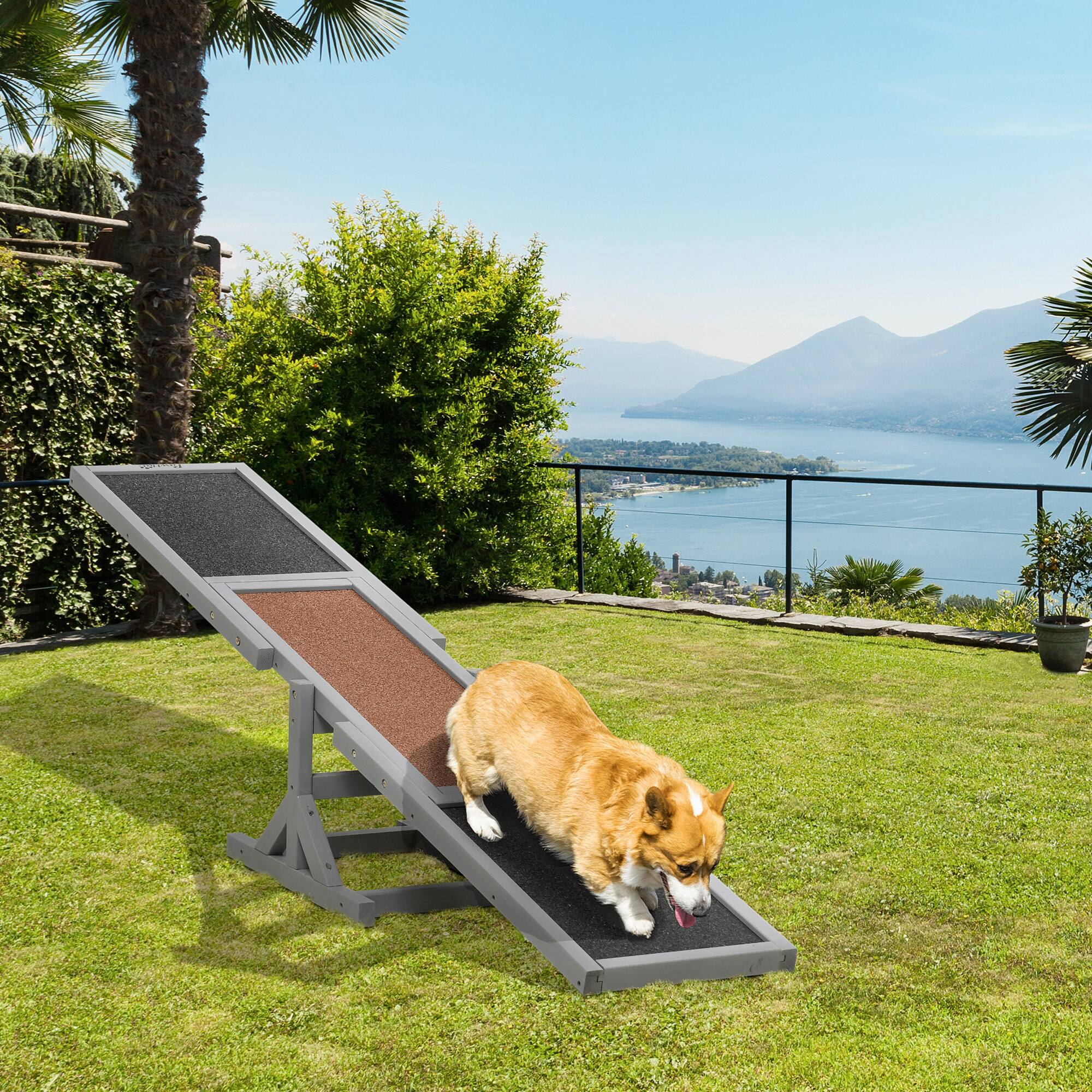 Angle. Pawhut - Wooden Dog Agility Seesaw, Training Exercise, Platform Equipment, Weather Resistant, 71" L x 12" W x 12" H - Gray.