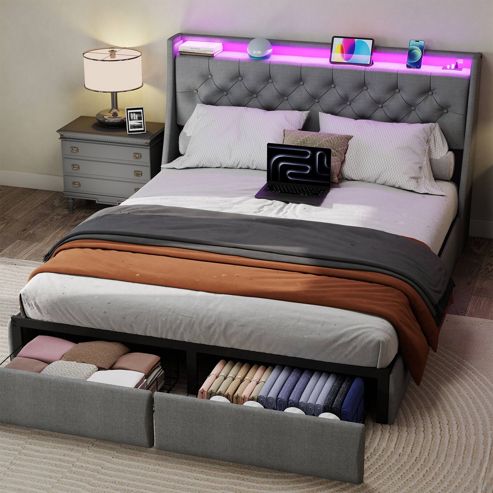 Angle. Anysun - Full Size Floating Bed Frame with 2 Storage Drawers & Headboard Shelf – RGB LED Light & USB Charging, Metal Silent - Grey.