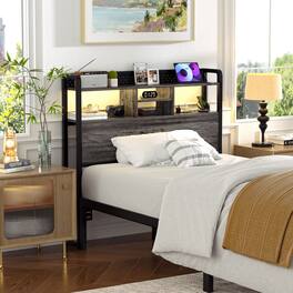 Aheaplus - Twin Headboard Only, Twin Size Headboard with Charging Station, RGB LED Light, and Bookcase Storage - Gray Oak