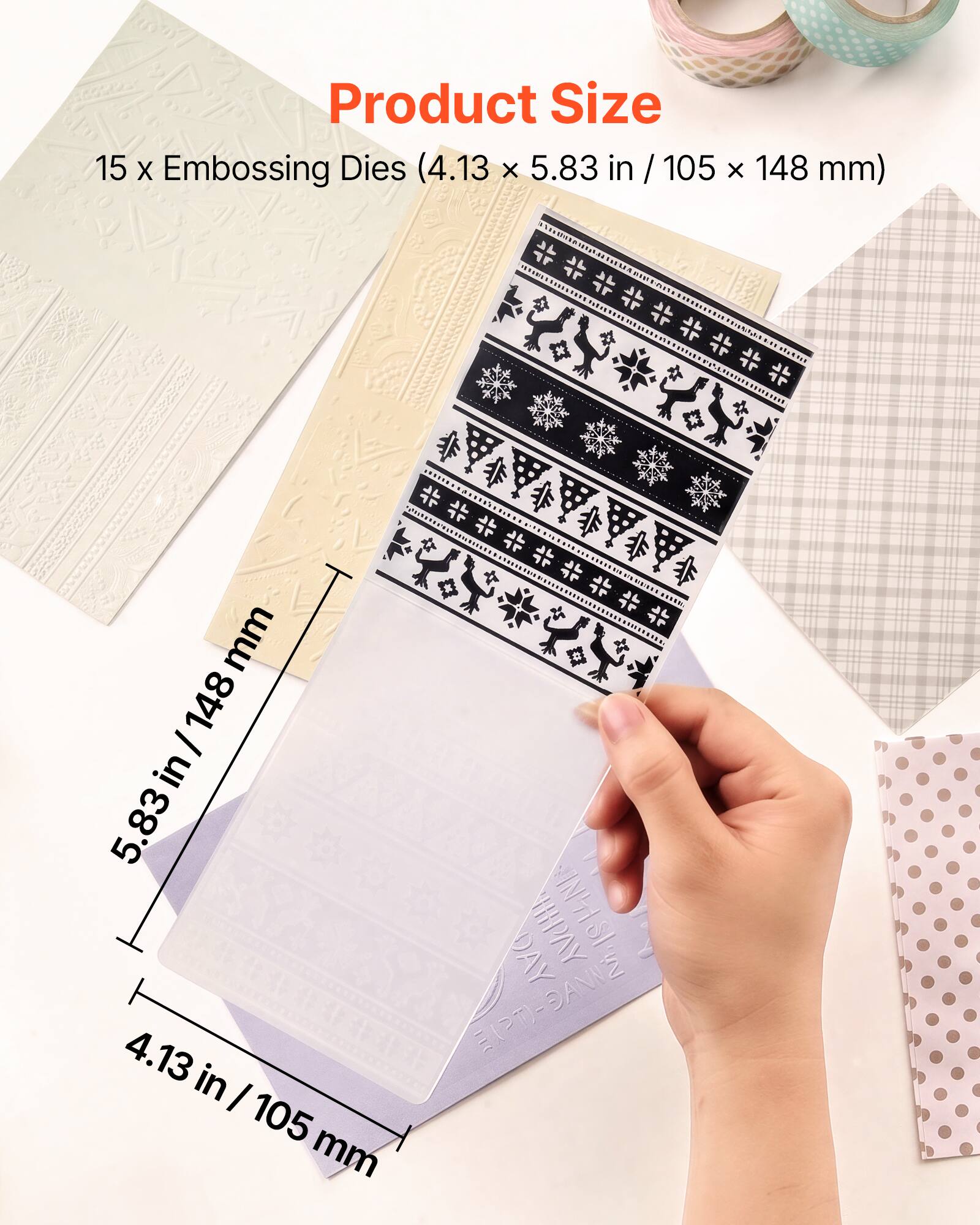 Product Size  
15 x Embossing Dies (4.13 x 5.83 in / 105 x 148 mm)