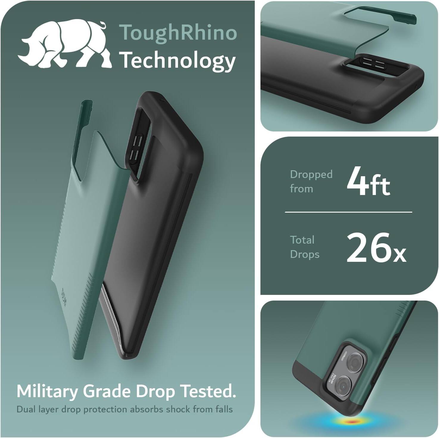 ToughRhino Technology

Dropped from 4ft  
Total Drops 26x

Military Grade Drop Tested.  
Dual layer drop protection absorbs shock from falls