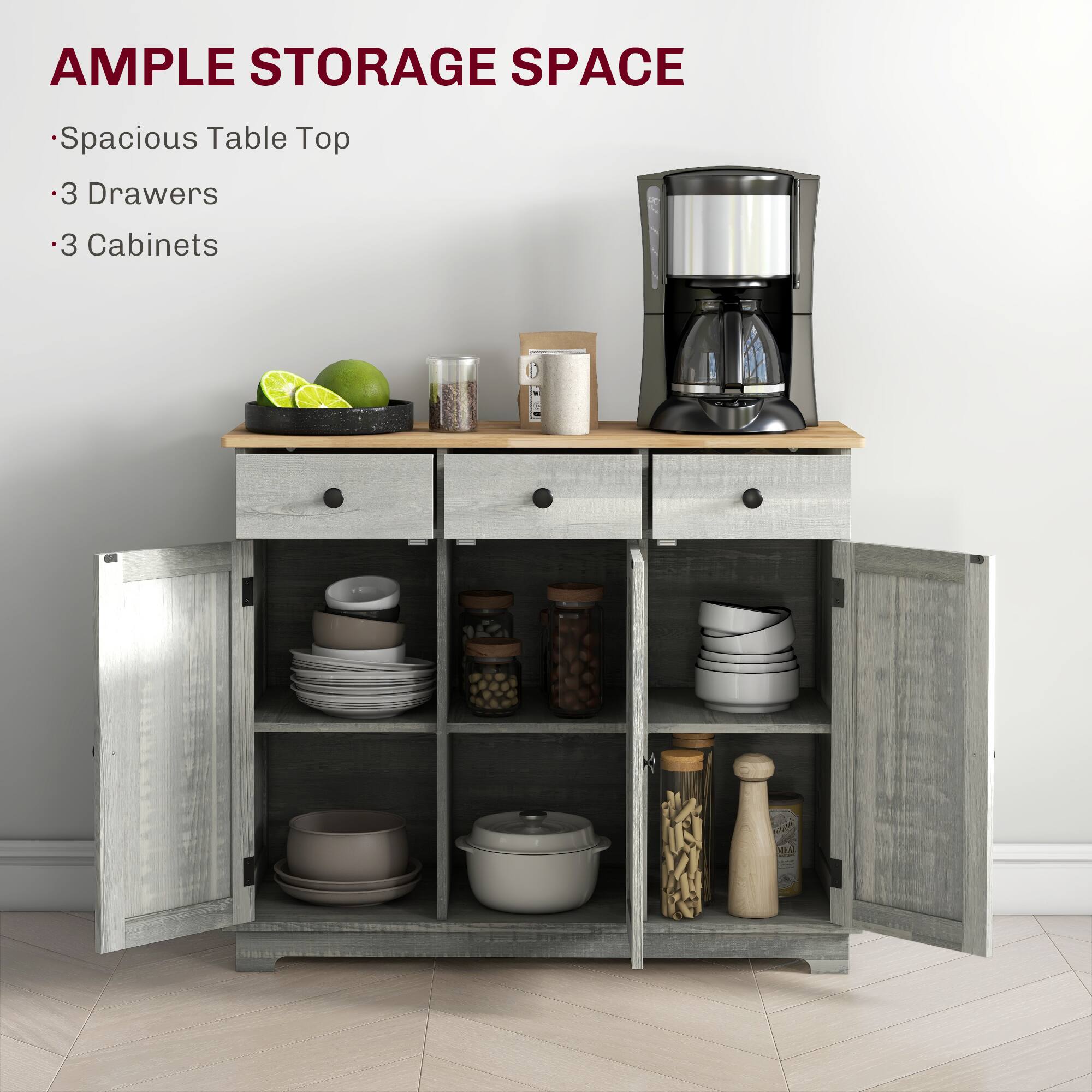 AMPLE STORAGE SPACE

- Spacious Table Top
- 3 Drawers
- 3 Cabinets