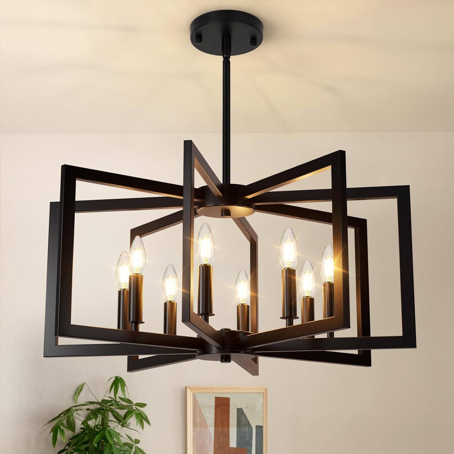 Front. Nordic Hygge - 8-Light Black Chandelier, Farmhouse Dining Room Light Fixture, Modern Chandelier - Black.