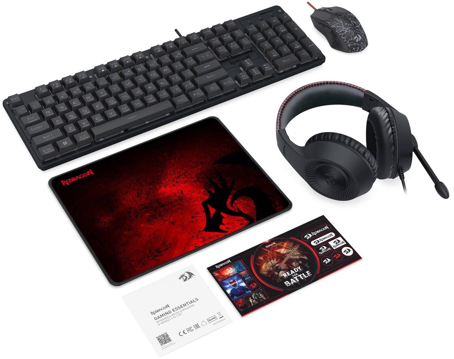 Sure, here is the corrected and grouped text from the image:

---

**Redragon Gaming Essentials**

- **Keyboard:**
  - ESC
  - 1 2 3 4 5 6 7 8 9 0 -
  - Q W E R T Y U I O P
  - A S D F G H J K L
  - Z X C V B N M
  - CAPSLOCK
  - SHIFT
  - ALT
  - CTRL
  - TAB
  - Fn
  - F1 F2 F3 F4 F5 F6 F7 F8 F9 F10 F11 F12
  - Insert Delete Home End Page Up Page Down
  - Num Lock
  - Scroll Lock
  - Print Screen
  - Pause Break
  - Power
  - Redragon

- **Mouse:**
  - Redragon

- **Mouse Pad:**
  - Redragon
  - READY BATTLE

- **Headset:**
  - Redragon

- **Manual:**
  - Redragon
  - Gaming Essentials
  - Mousepad
  - Headset
  - Keyboard
  - Mouse
  -