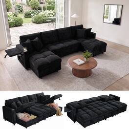 Anysun - U-Shaped Oversized Sleeper Sofa, Sectional Sleeper with Double Storage Chaise for Living Room – Chenille Fabric Couch - Black
