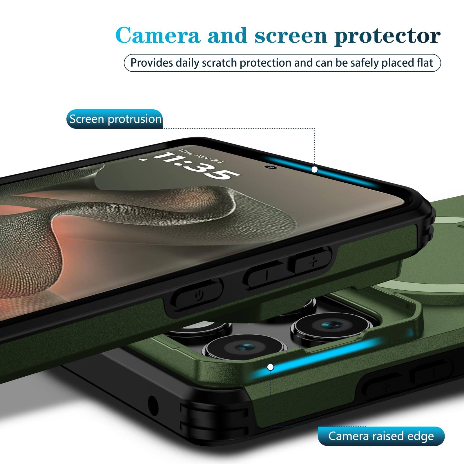 Camera and screen protector  
Provides daily scratch protection and can be safely placed flat  

Screen protrusion  
11:35  

Camera raised edge