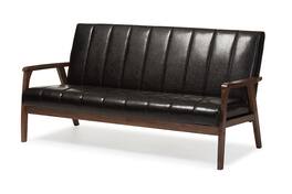 Baxton Studio - Nikko Mid-century Modern Scandinavian Style Dark Faux Leather Wooden 3-Seater Sofa - Dark Brown