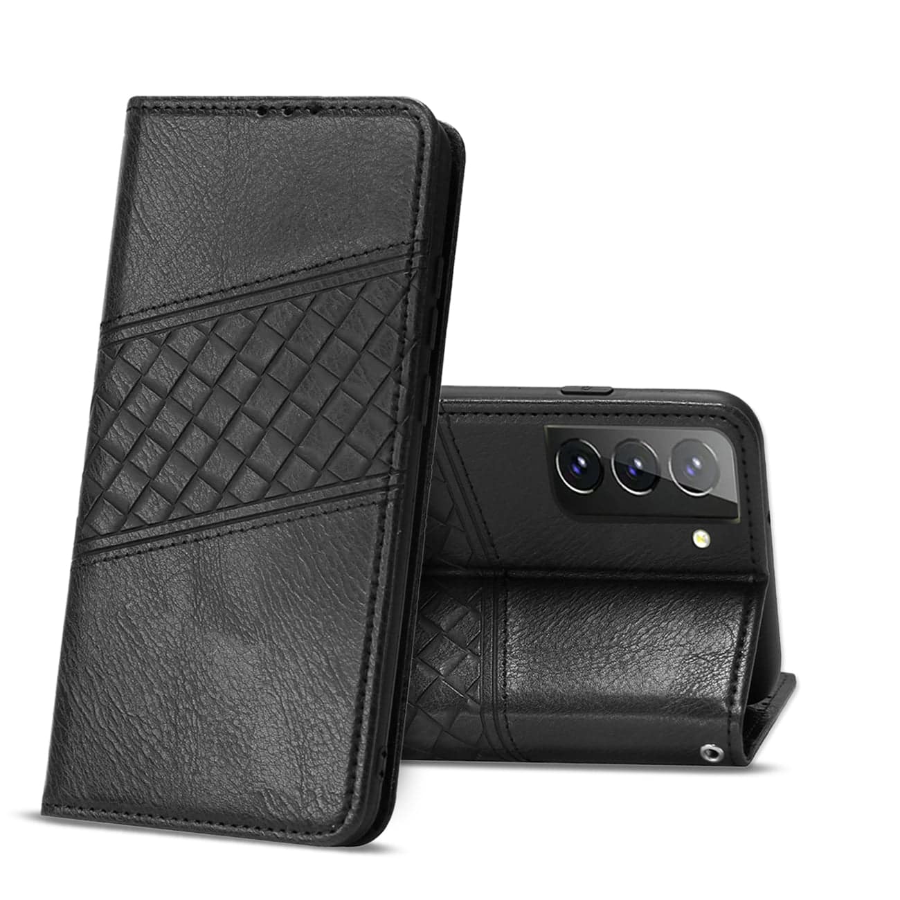 Front. Reiko - Samsung Galaxy S21 Fe 3-In-1 Wallet Case In Black - Black.