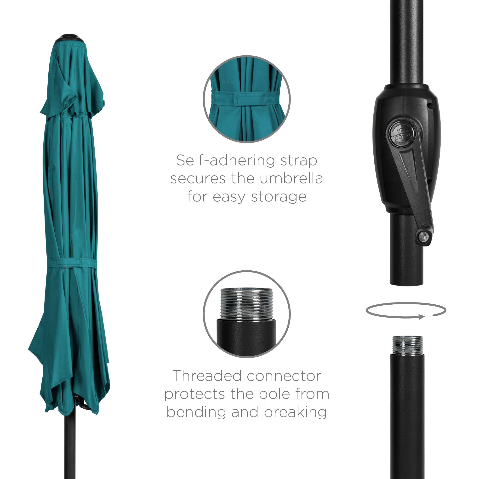 Self-adhering strap secures the umbrella for easy storage

Threaded connector protects the pole from bending and breaking