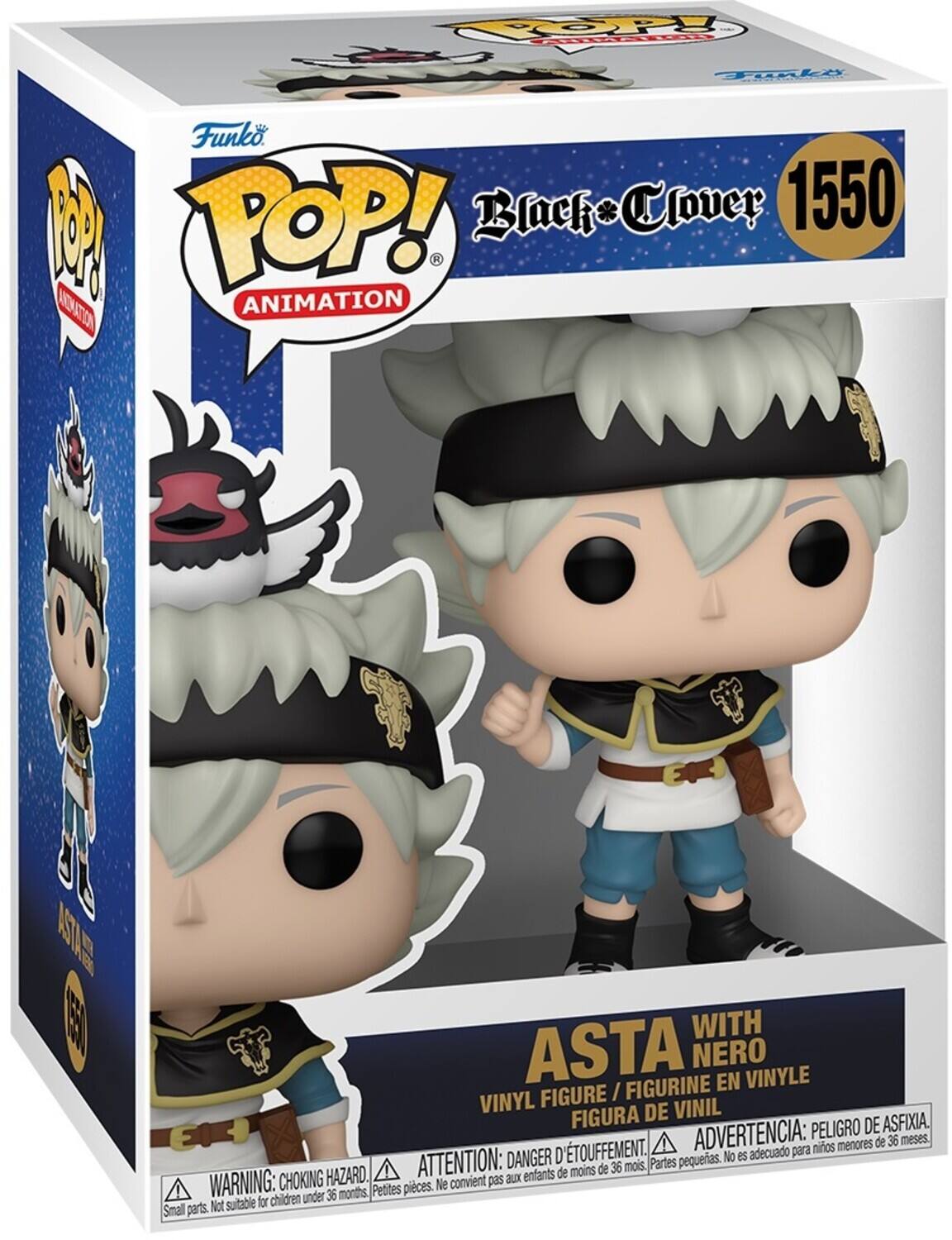 Sure, here is the corrected and grouped text from the image:

---

**Funko POP! Animation**

**Black Clover 1550**

**ASTA WITH NERO**

**VINYL FIGURE / FIGURINE EN VINYLE / FIGURA DE VINIL**

**WARNING: CHOKING HAZARD. Small parts. Not suitable for children under 36 months.**

**ADVERTENCIA: PELOJO DE ASFIXIA. D'TOUFFEMENT. ADVERTENCIA: nios menores de 36 meses.**

**ATTENTION: DANGER D'ÉTOUFFEMENT. ADVERTENCIA: PELOJO DE ASFIXIA. D'TOUFFEMENT. ADVERTENCIA: nios menores de 36 meses.**

**DANGER: CHOKING HAZARD. Small parts. Not suitable for children under 36 months.**

**ATTENTION: DANGER D'ÉTOUFFEMENT. ADVERTENCIA: PELOJO DE ASFIXIA. D'TOUFFEMENT. ADVERTENCIA: nios menores de 36 meses.**

**WARNING: CHOKING HAZARD. Small parts. Not suitable for children under