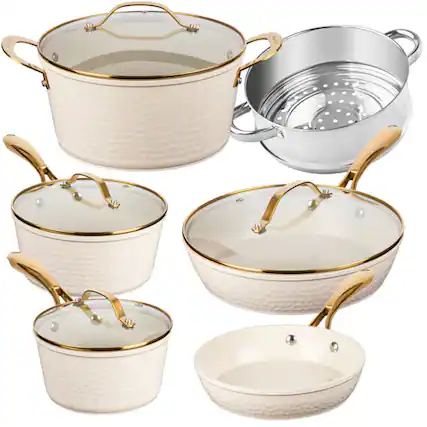 Front. Gotham Steel - Gotham Steel 10 Piece Hammered Cream Nonstick Ceramic Cookware Set - Cream.