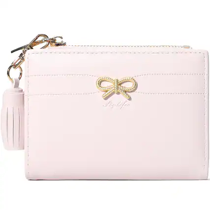 Front. Jadie Link - Fashion Wallets Cute Small Bow Wallet Aesthetic Card Holder Bifold Purse Pocket Zipper Women simple Pink Premium - Pink-Simple Bow.