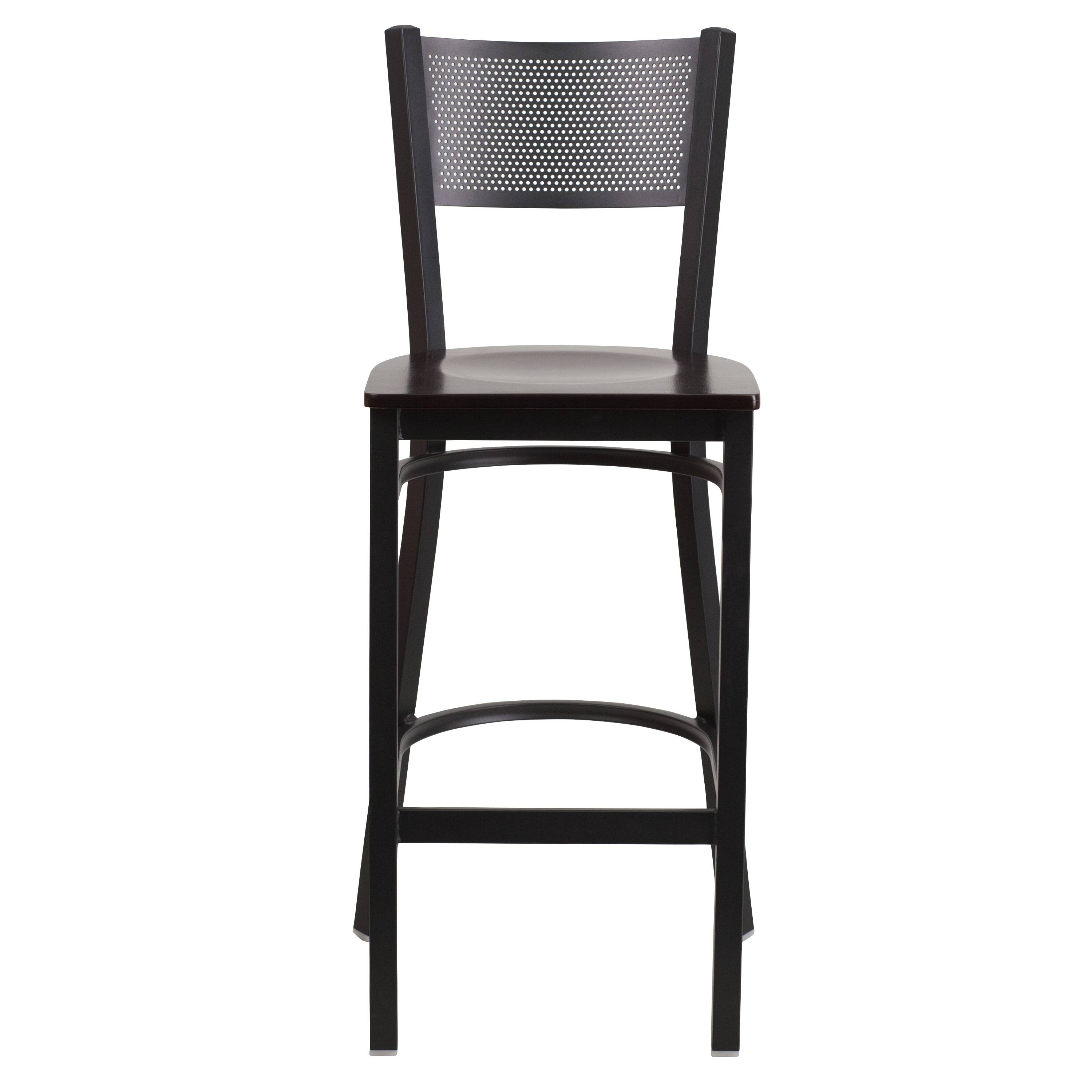 Alt View 5. Emma + Oliver - Grid Back Metal Restaurant Dining Barstool - Walnut Wood Seat/Black Metal Frame.