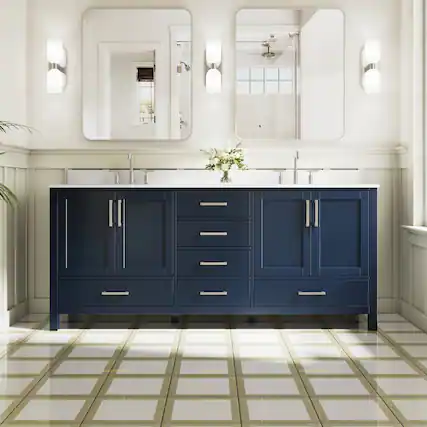 Front. WELLFOR - 80 in Bathroom Vanity with Double Sink, Freestanding Solid Wood Bathroom Cabinet with Soft-Close 4 Doors& 6 Drawers - Navy Blue.