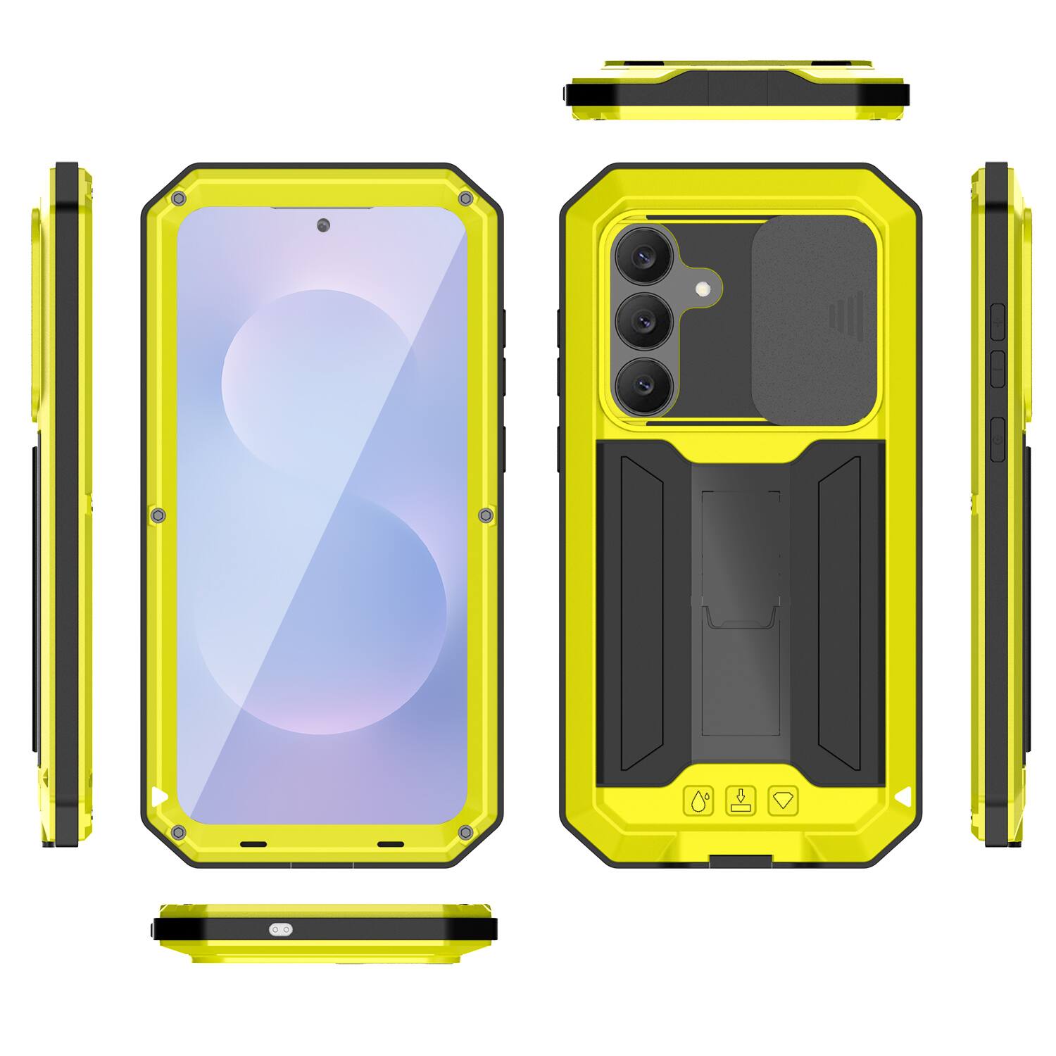 Angle. Dteck - For Samsung Galaxy S26 Kickstand Shockproof Rugged Full Body Case Built-in Screen Protector+Sliding Lens Cover - Yellow.
