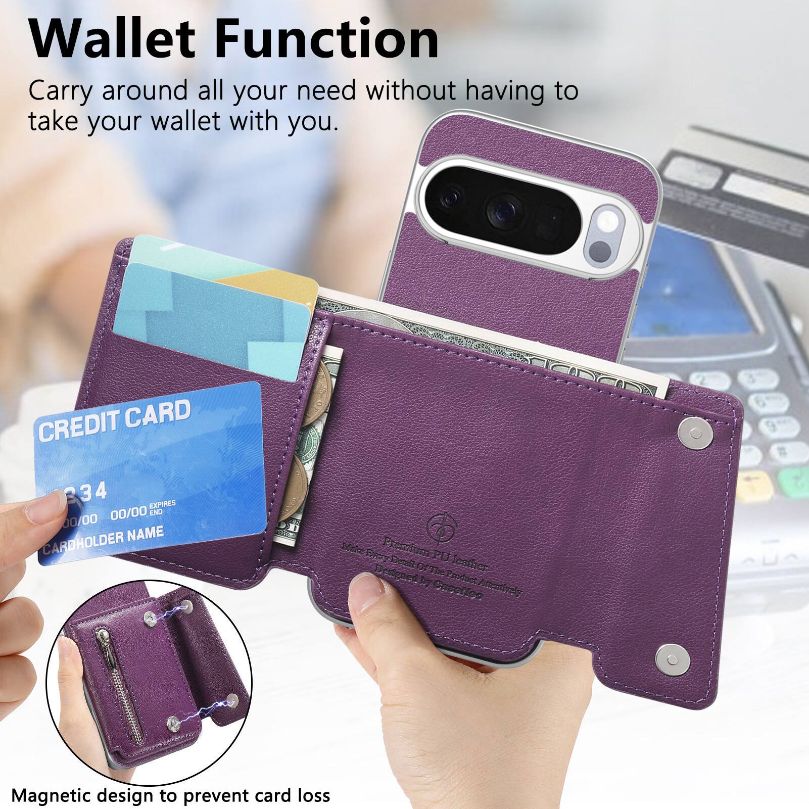 Wallet Function  
Carry around all your need without having to take your wallet with you.

CREDIT CARD  
34  
EXPIRES 00/00  
END 00/00  
CARDHOLDER NAME

MakeTiveryDea Premium Detail PU Leather Wallet  
Designed by Casolice

Magnetic design to prevent card loss