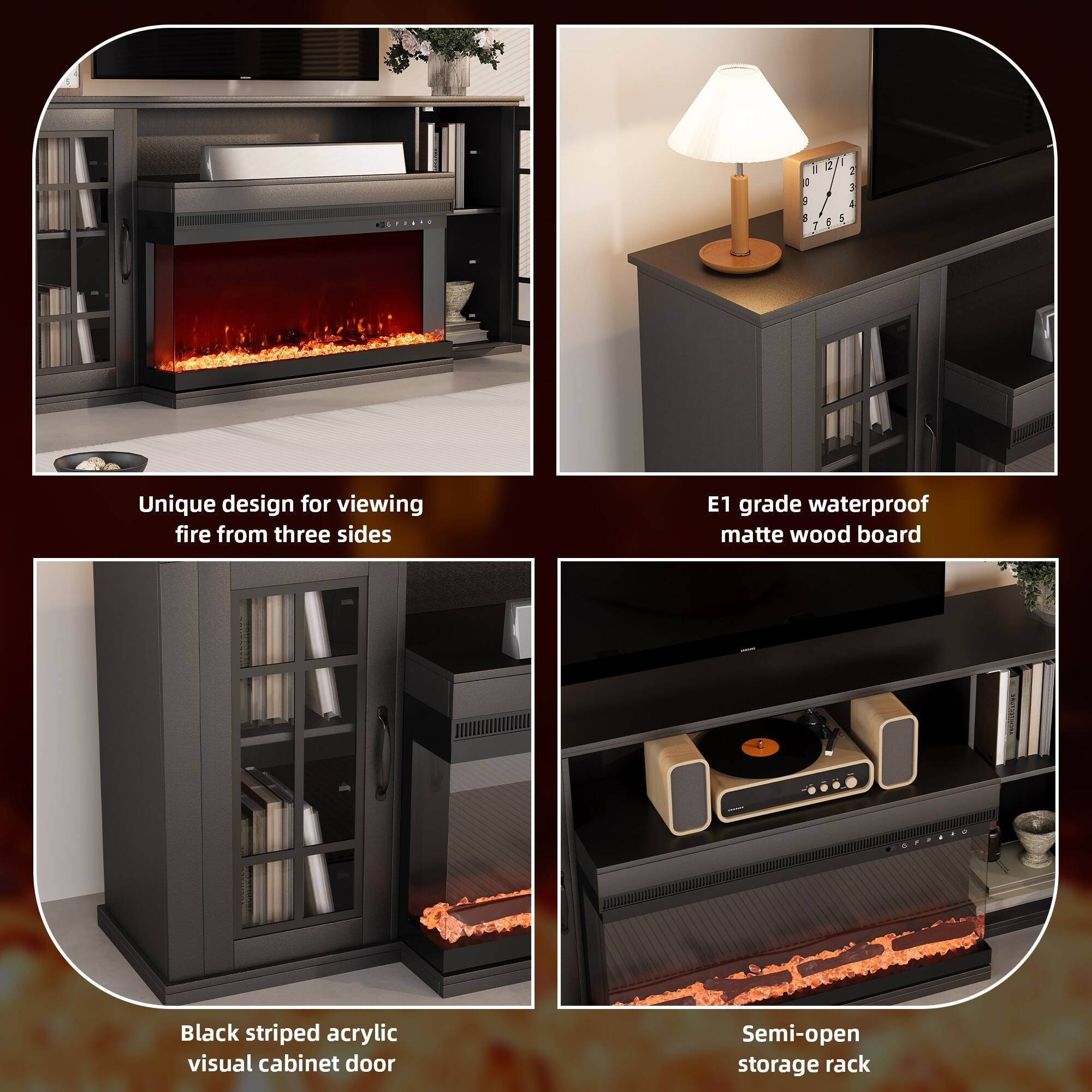 1. Unique design for viewing fire from three sides
2. E1 grade waterproof matte wood board
3. Black striped acrylic visual cabinet door
4. Semi-open storage rack