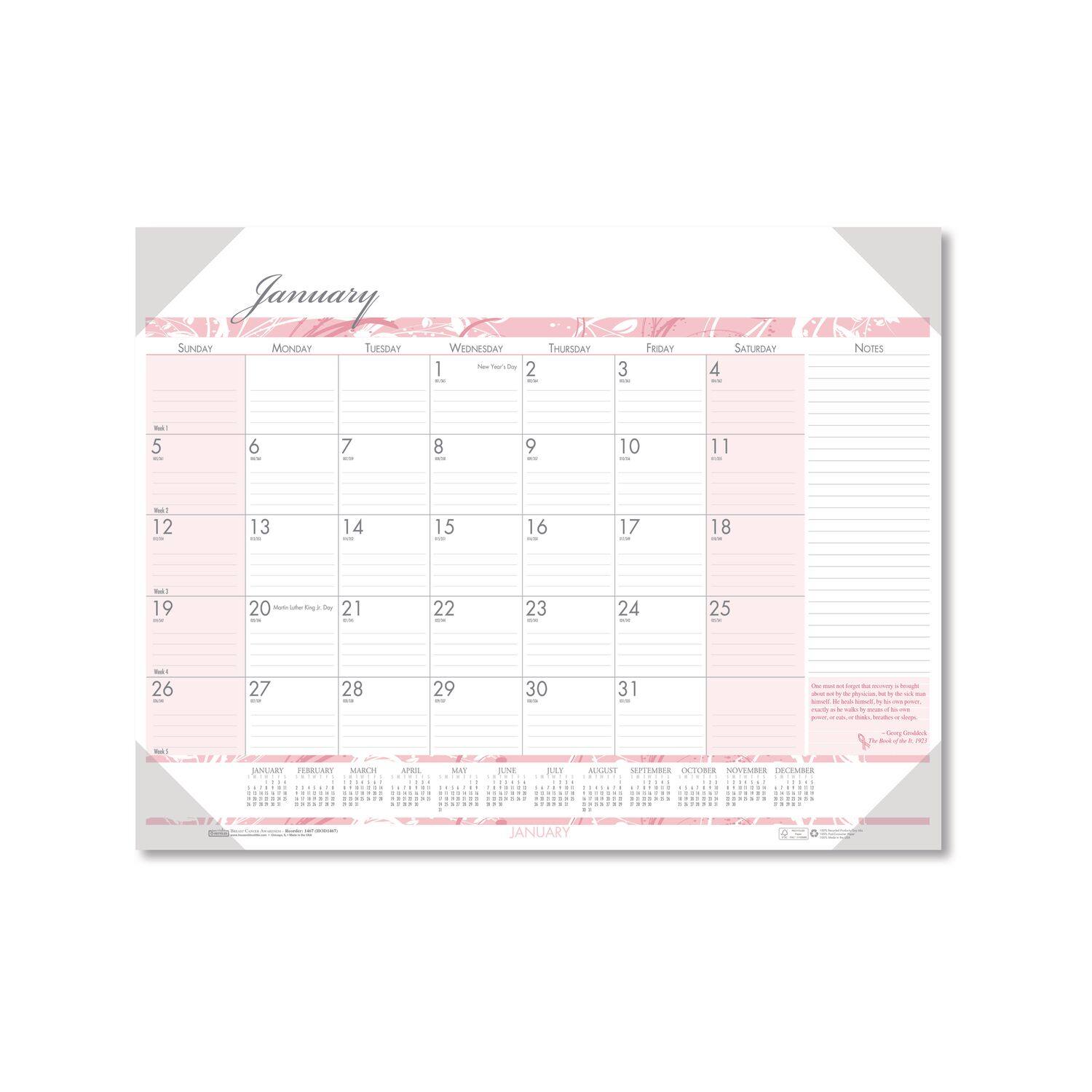 House of Doolittle - Recycled Monthly Desk Pad Calendar Breast Cancer Awareness Artwork 22 x 17 Black Binding Corners12 Month Jan Dec 2026