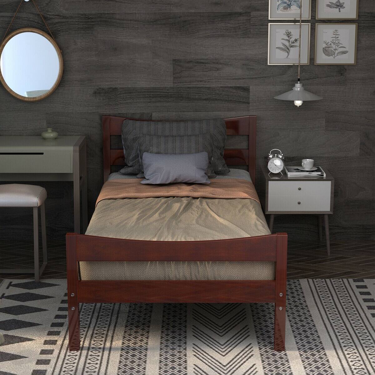 Alt View 6. Ecooso - Twin Size Rustic Style Platform Bed Frame with Headboard and Footboard - Brown.