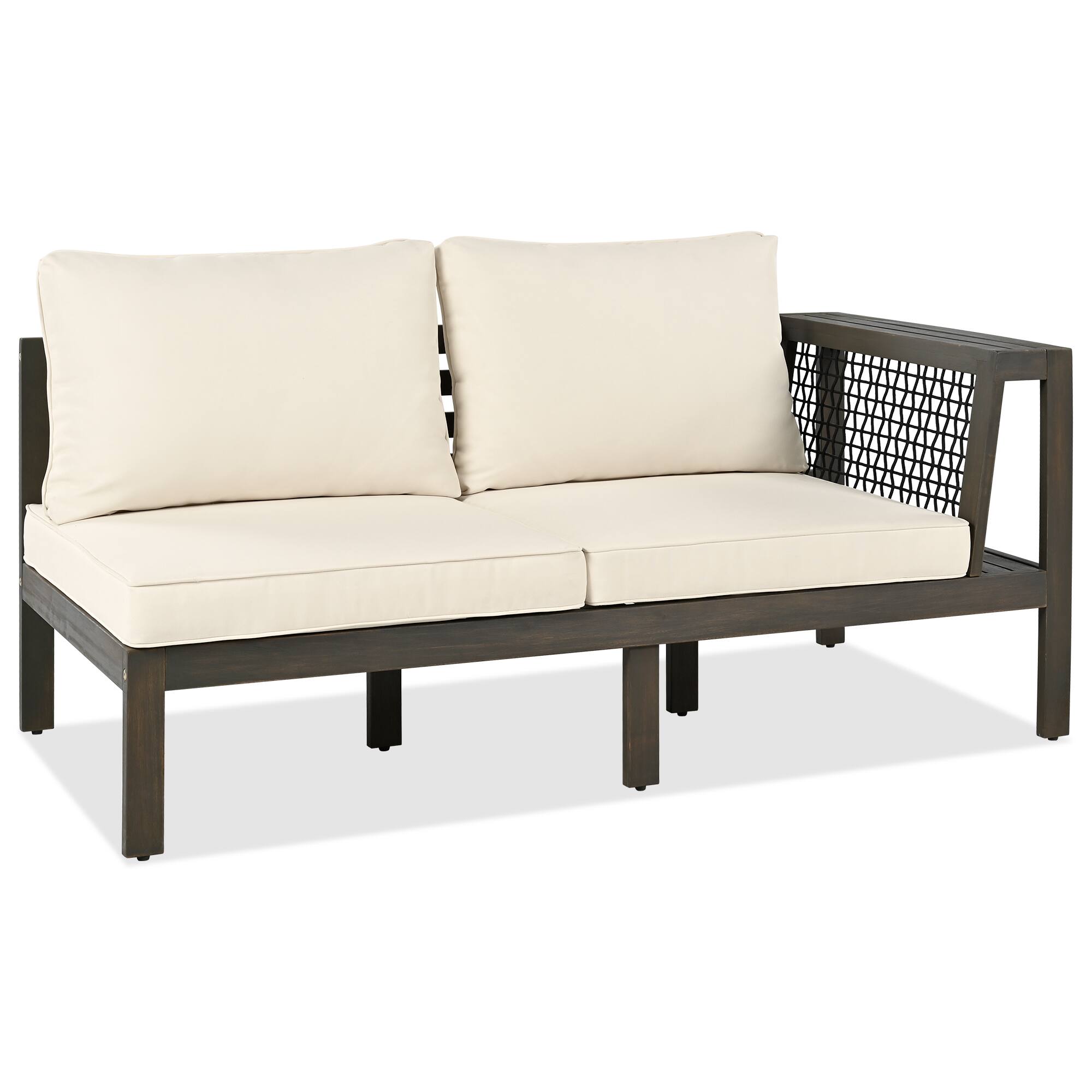 Alt View 5. Mondawe - 4 Pieces Outdoor Acacia Wood L-Shaped Sofa Set with Woven Mesh Armrests - Beige+Brown.