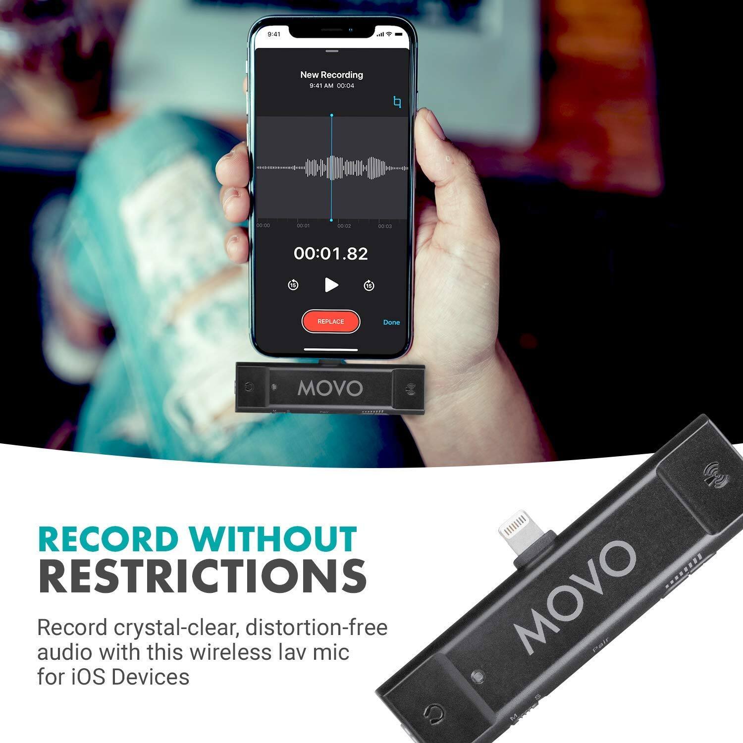 **New Recording**  
9:41 AM 00:04

00:01.82

REPLACE

Done

---

**RECORD WITHOUT RESTRICTIONS**

Record crystal-clear, distortion-free audio with this wireless lav mic for iOS Devices