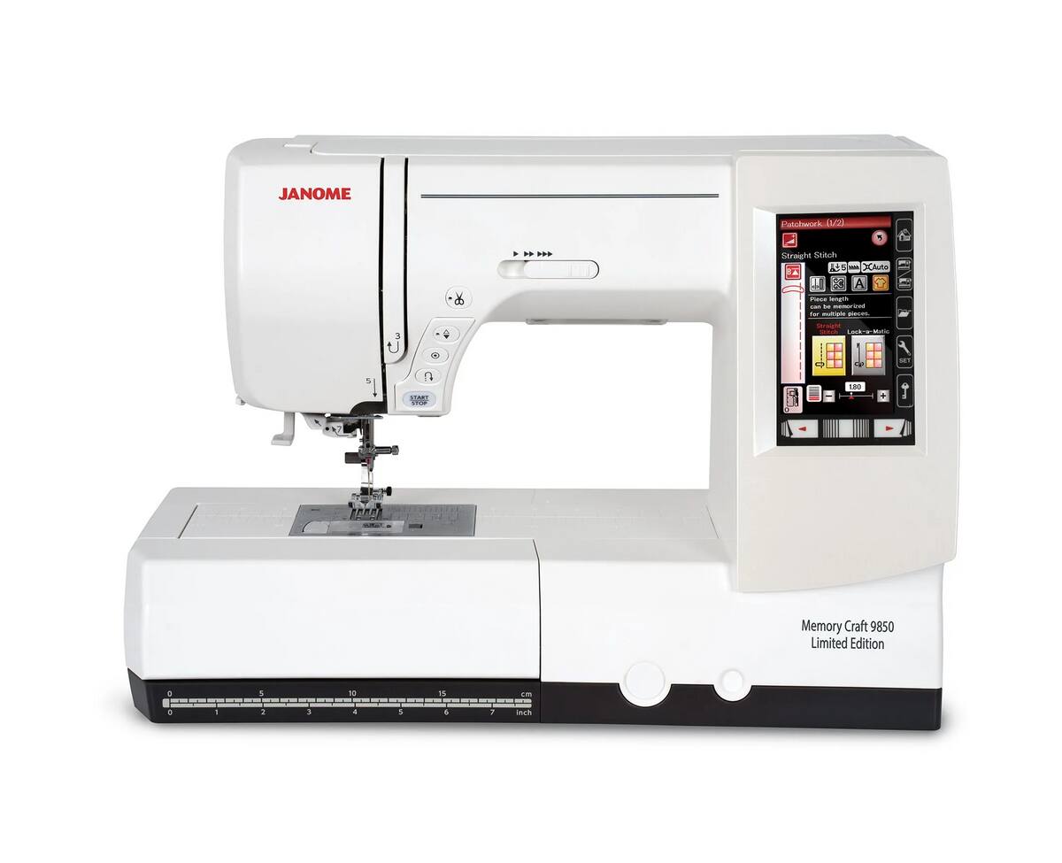 JANOME  
Patchwork (1/2) Straight Stitch - XAuto  
15666 lavearth - KE memorized for BIRLES. Straight Lock-a-Matic SET START 180  

Memory Craft 9850 Limited Edition  
- - -  
2 - 10 15 cm  
1 2 3 H 5  
Inch