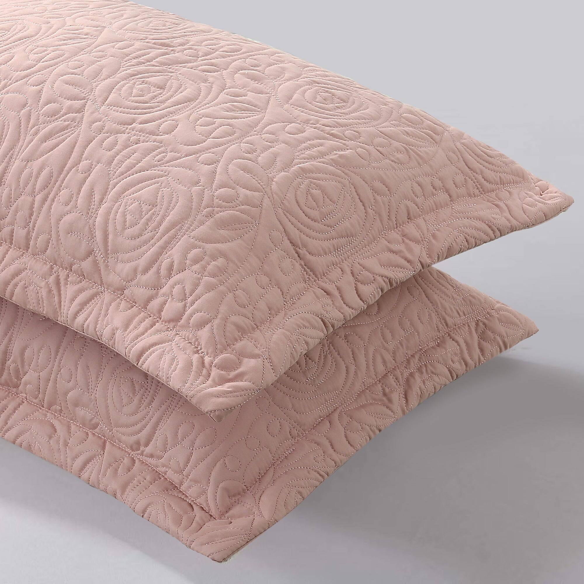 Left. MarCielo - 2-Pack Embroidered Solid Color Pillow Shams Polyester - Teacup Rose.