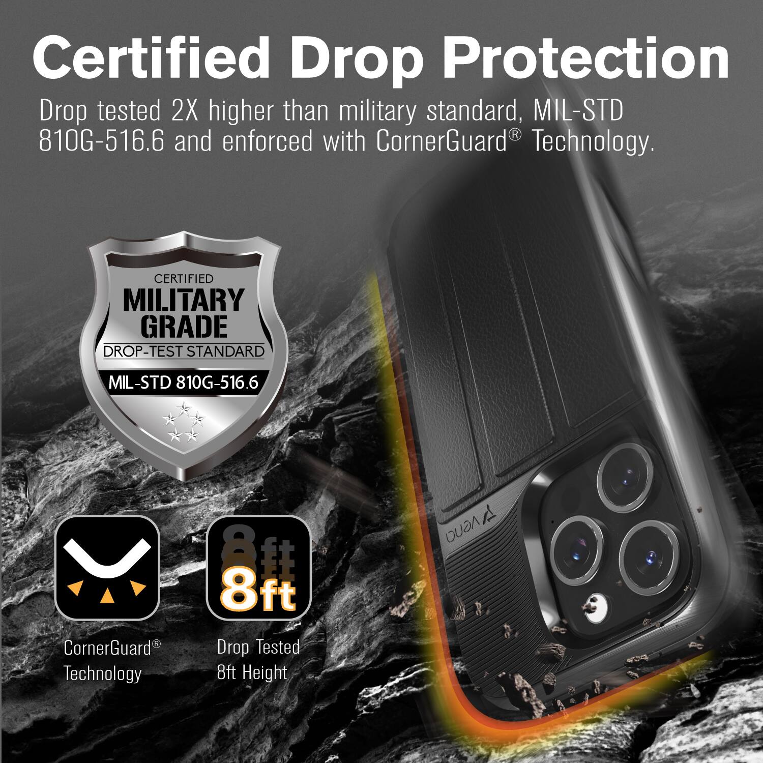Certified Drop Protection, Drop tested 2X higher than military standard, MIL-STD 810G-516.6 and enforced with CornerGuard Technology. CERTIFIED MILITARY GRADE DROP-TEST STANDARD MIL-STD 810G-516.6 CornerGuard Technology 8ft Drop Tested 8ft Height