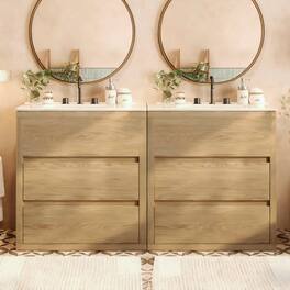 Loheer - 5 ft Double Sink Bathroom Vanity Set with Ceramic Basins, Soft Close Drawers, Natural - Natural Wood