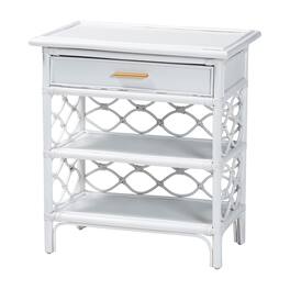 bali & pari - Akane Natural Rattan Nightstand with Drawer and Open Shelves – Coastal Bedside Table with Lattice Design - White