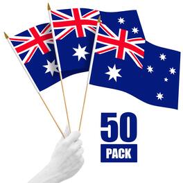 G128 - 50-Pack Handheld Australian Stick Flags — 12 x 18 in, 150D Polyester, Wooden Stick with Gold Spear Tip - Assorted Colors
