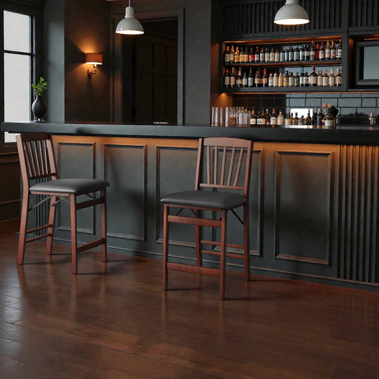 Front. Hivvago - Set of 2 Folding Counter Height Stools with Padded Seats for Kitchen Island - Brown.