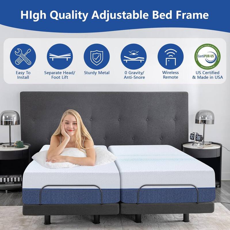 High Quality Adjustable Bed Frame, Easy To Install, Separate Head/ Foot Lift, Sturdy Metal, 0 Gravity/ Anti-Snore, Wireless Remote, US Certified & Made in USA