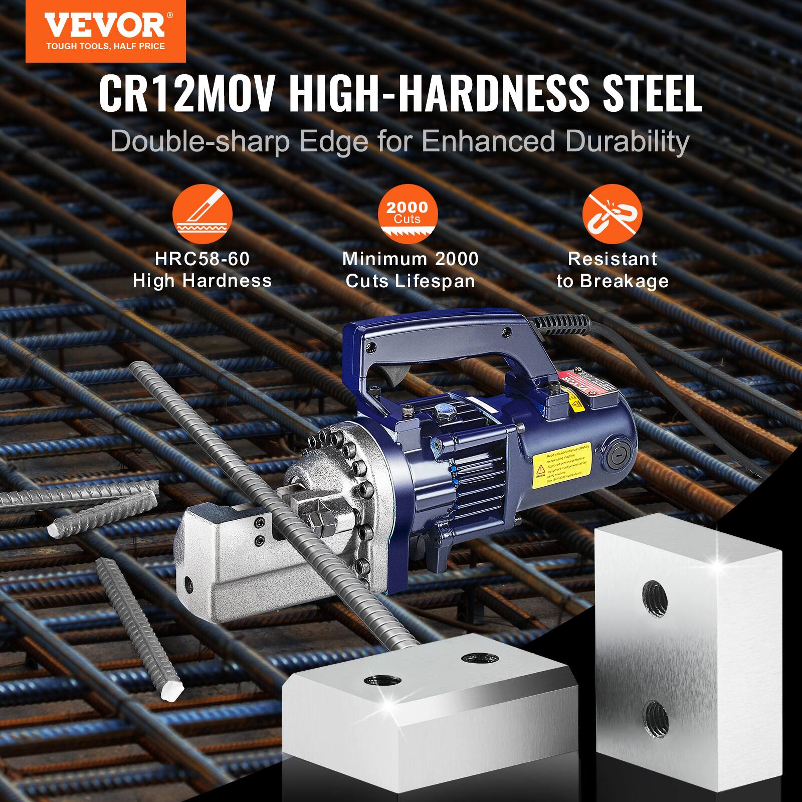 VEVOR TOUGH TOOLS, HALF PRICE

CR12MOV HIGH-HARDNESS STEEL  
Double-sharp Edge for Enhanced Durability

- HRC58-60 High Hardness
- Minimum 2000 Cuts Lifespan
- Resistant to Breakage

2000 Cuts