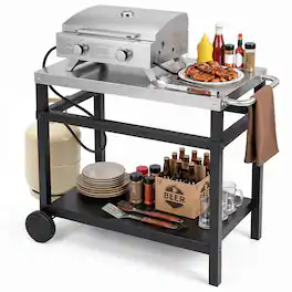 Gymax - Double-Shelf Grill Table w/Tank Holder Side Handle 34'' x 20'' Stainless Steel Top - Black