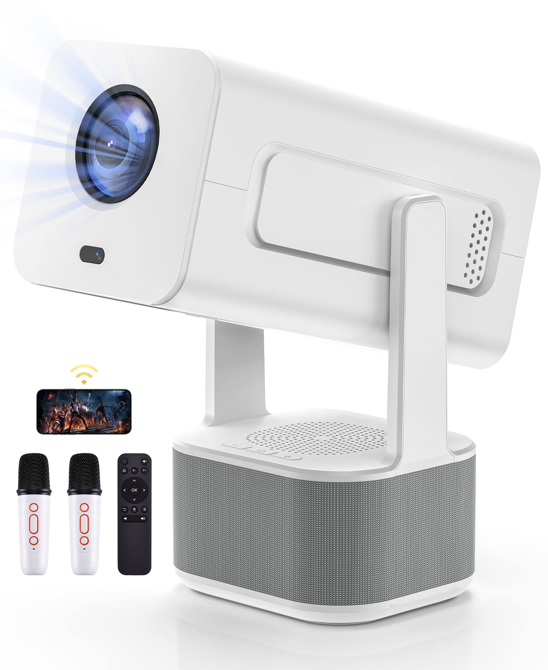 Alt View 8. Sugift - Mini Projector WiFi 6 Bluetooth 5.2 Android 11 1080P 4K Support 350-ANSI Lumens 2 Wireless Mics - White.