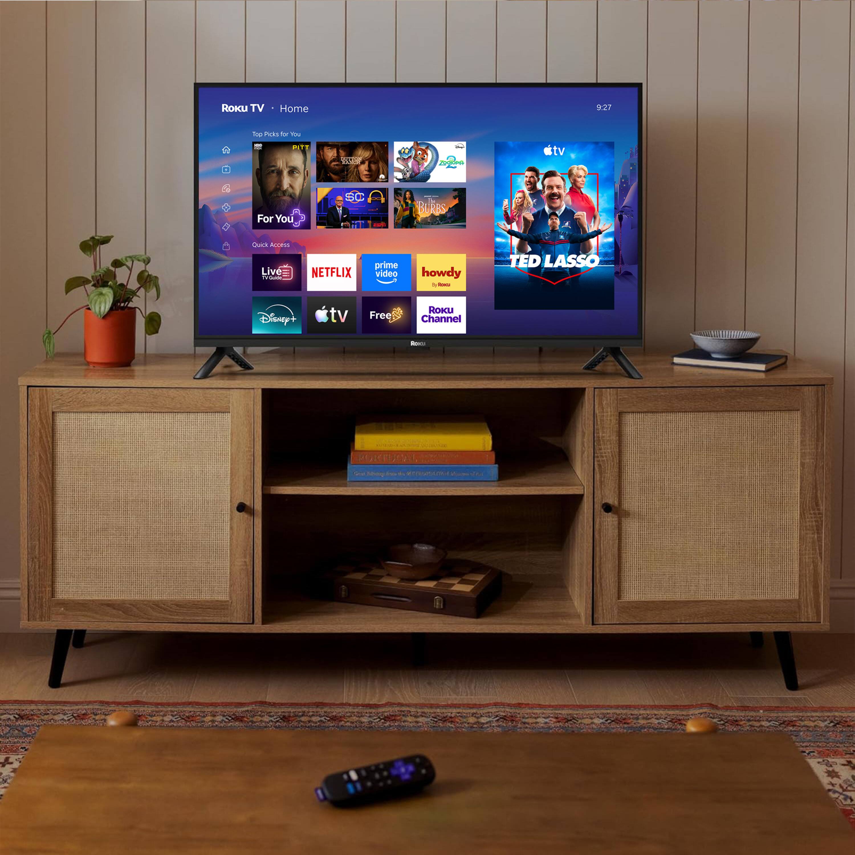 Roku TV  
Home  
9:27  
Top Picks for You  
PITT  
STATE 10  
ZOOCHA  
For You  
SC  
- M BURBS  
Quick Access  
Live TWORNING  
NETFLIX  
prime video  
howdy loc.  
TED LASSO  
Disney+  
tv  
Free  
ROKU Channel  
OKI  
PULTUCAL