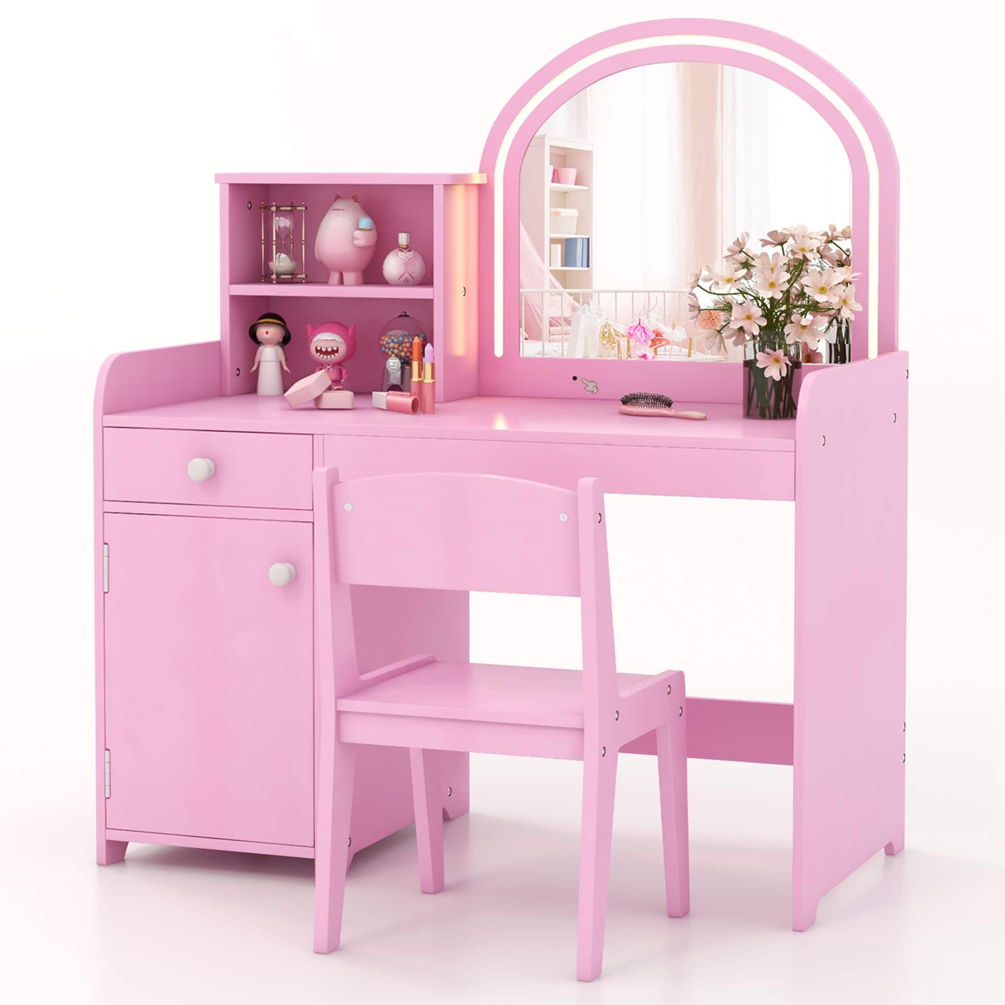 Front. Costway - Costway Kid Vanity Table Chair Set 2-Color LED Lights Large Drawer Shelf Cabinet - Pink.