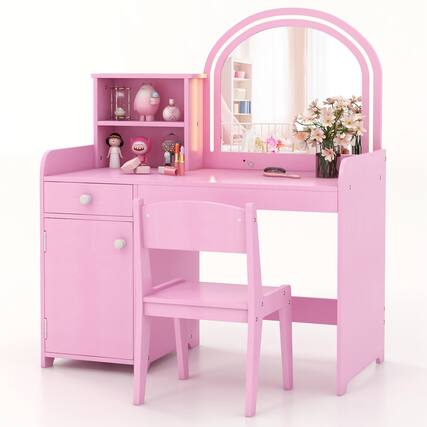 Front. Costway - Costway Kid Vanity Table Chair Set 2-Color LED Lights Large Drawer Shelf Cabinet - Pink.