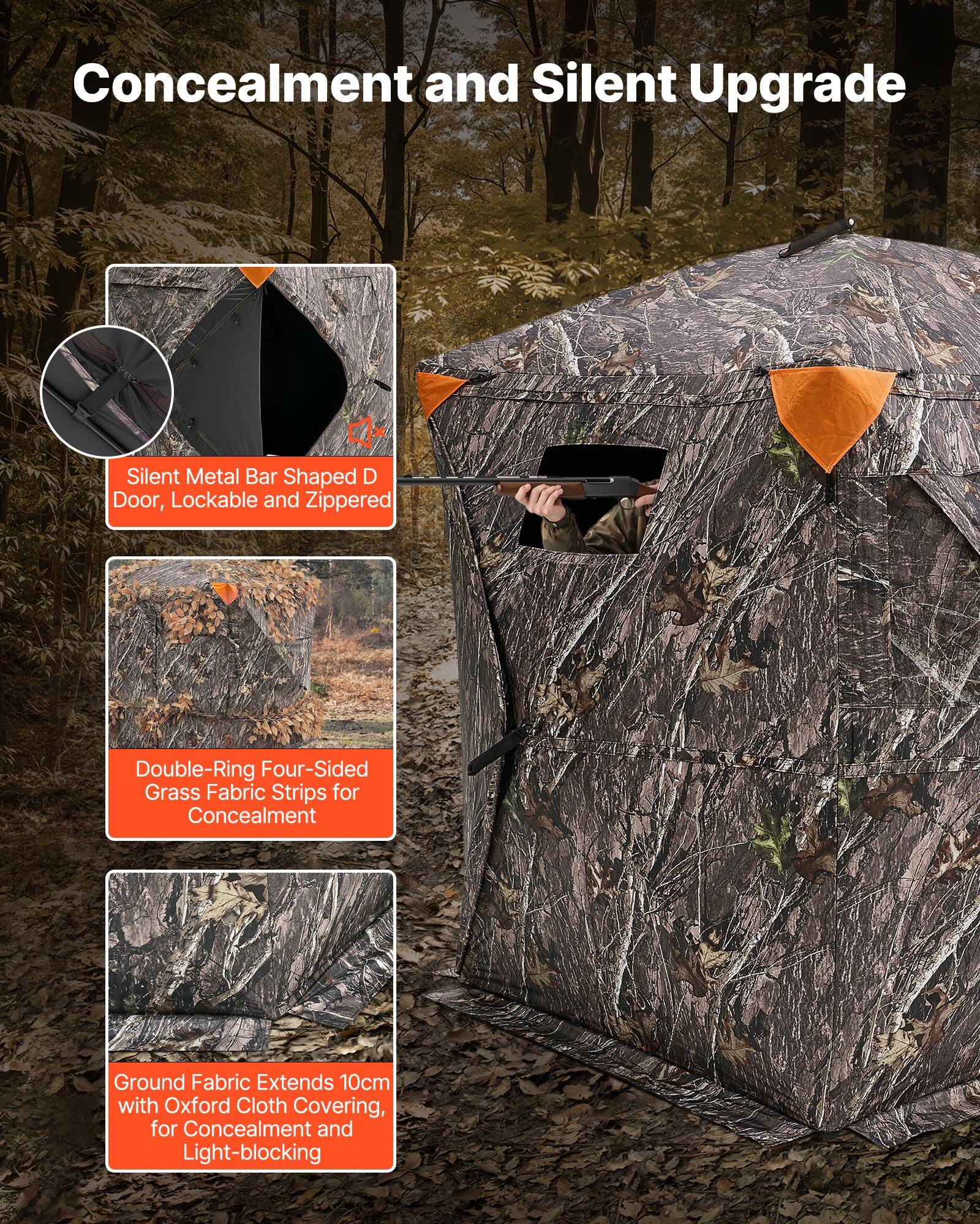 Concealment and Silent Upgrade

- Silent Metal Bar Shaped D Door, Lockable and Zippered
- Double-Ring Four-Sided Grass Fabric Strips for Concealment
- Ground Fabric Extends 10cm with Oxford Cloth Covering, for Concealment and Light-blocking