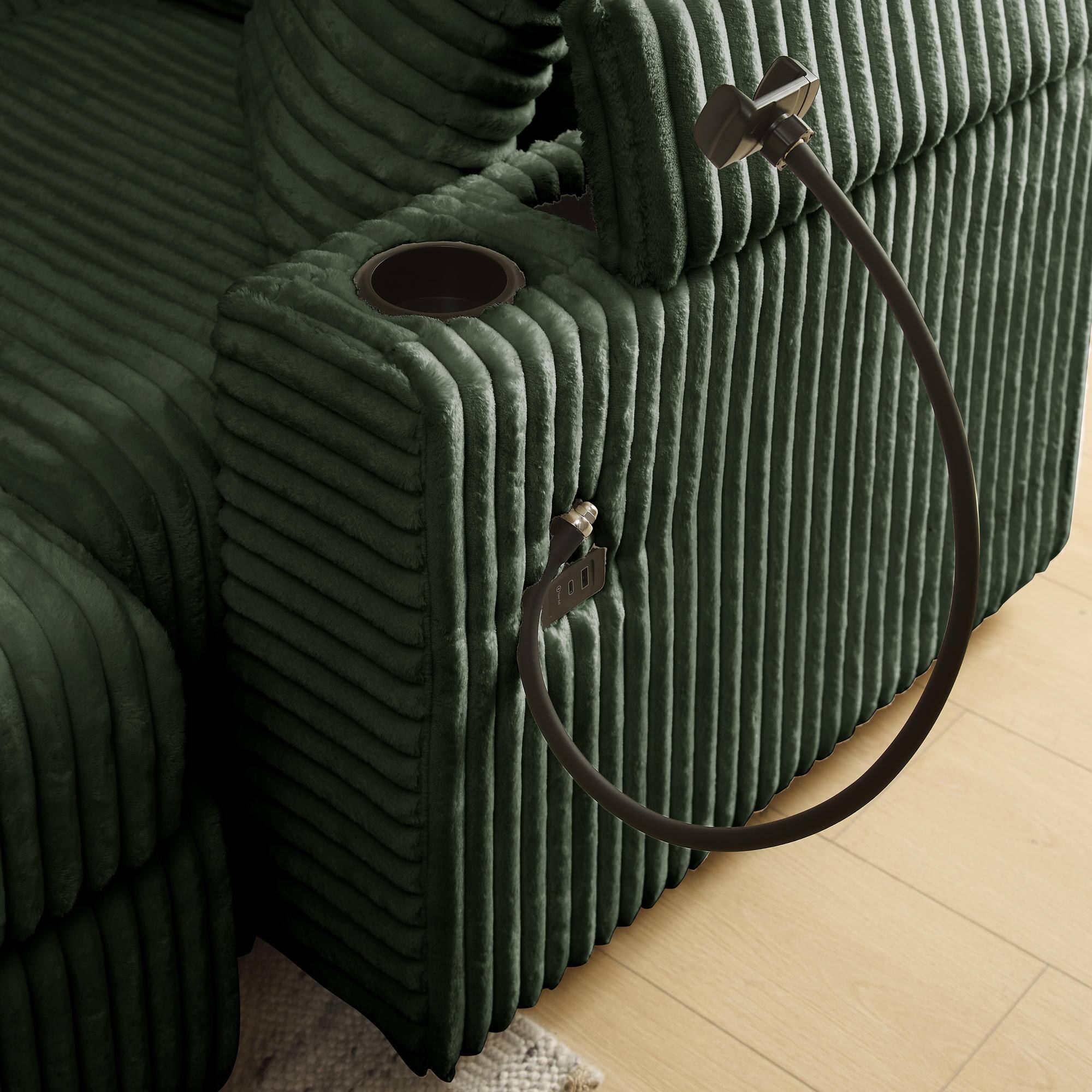 Alt View 7. Meqiodas - Corduroy L-Shaped Sectional Sofa with Ottoman, Comfy Cloud Couch with Charger, Cup Holders & Armrest Storage - Green(4+2).