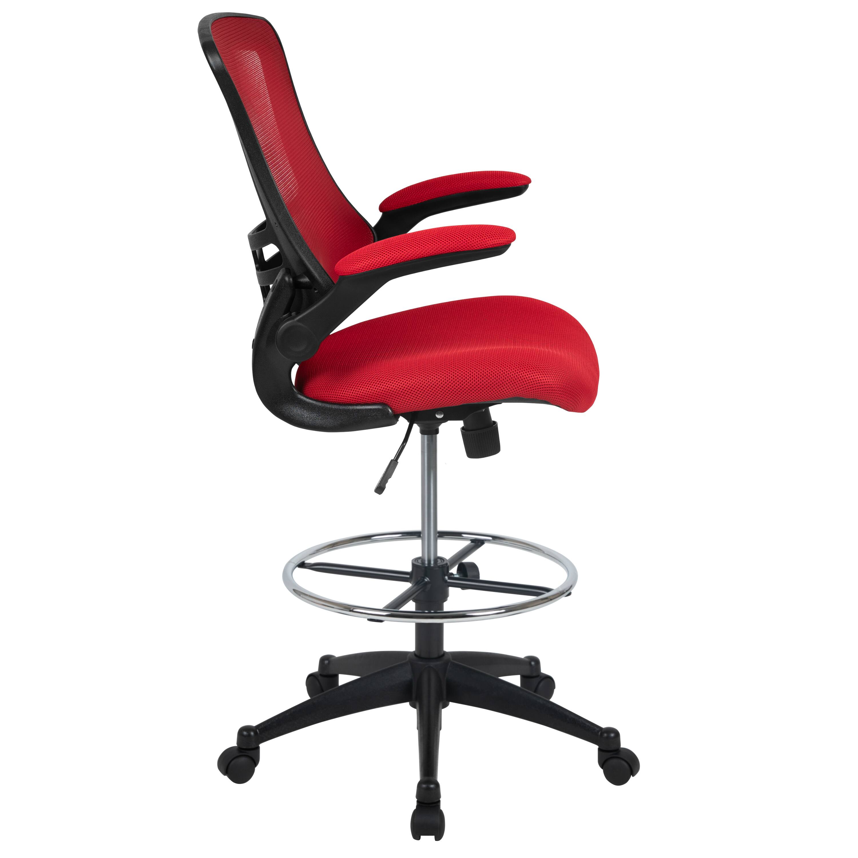 Alt View 6. Emma + Oliver - Mid-Back Mesh Ergonomic Drafting Chair with Foot Ring and Flip-Up Arms - Red Mesh/Black Frame.