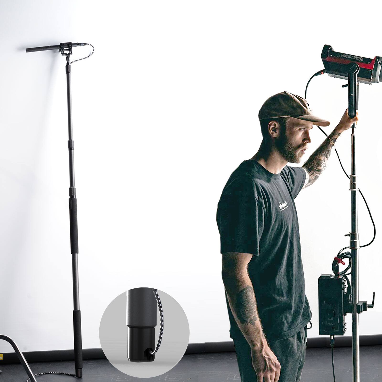 Alt View 2. RAUBAY - Microphone Boom Arm, 3-Section Extendable Handheld Mic Boom Pole Adjustable Length Carbon Fiber Boom Sticks MA01 - Black.