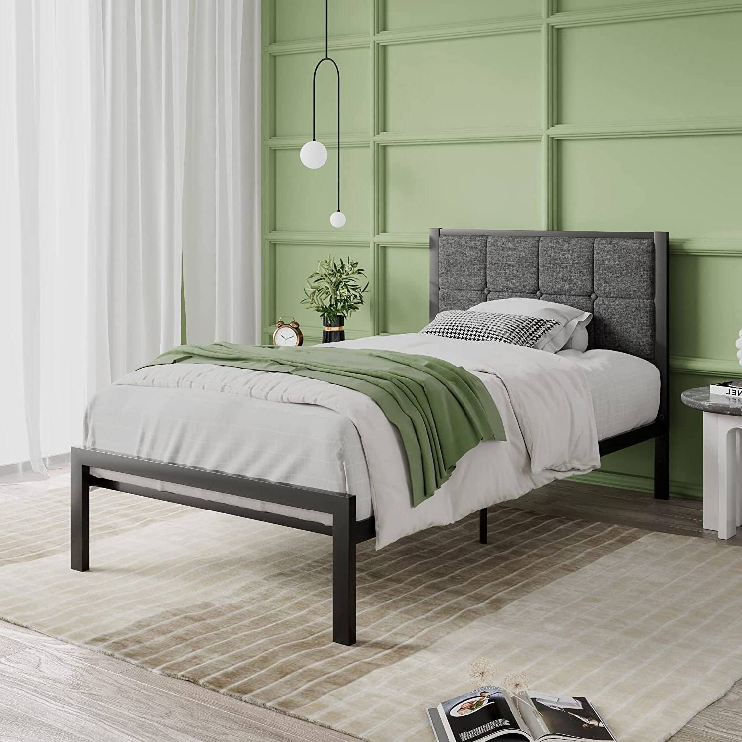 Angle. Hivvago - Hivvago Twin Metal Platform Bed Frame with Button Tufted Upholstered Headboard - Dark Grey.