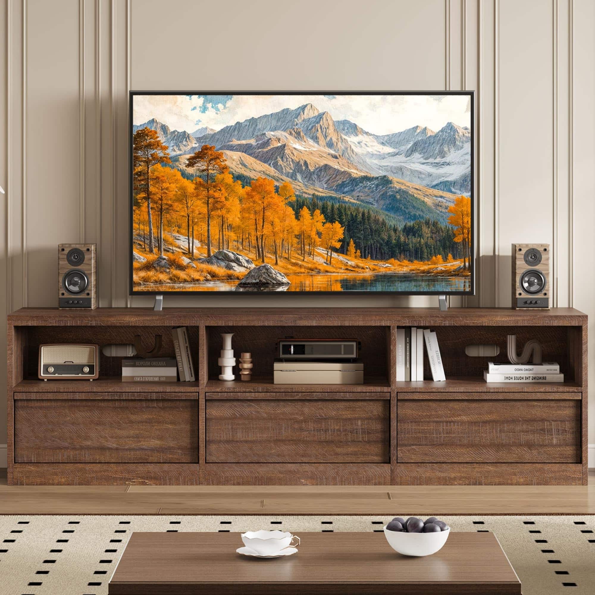 Qeetex - 70" Mid Century TV Stand for 65-75 Inch TVs, Modern Entertainment Center with 3 Drawers & Open Shelves - Walnut