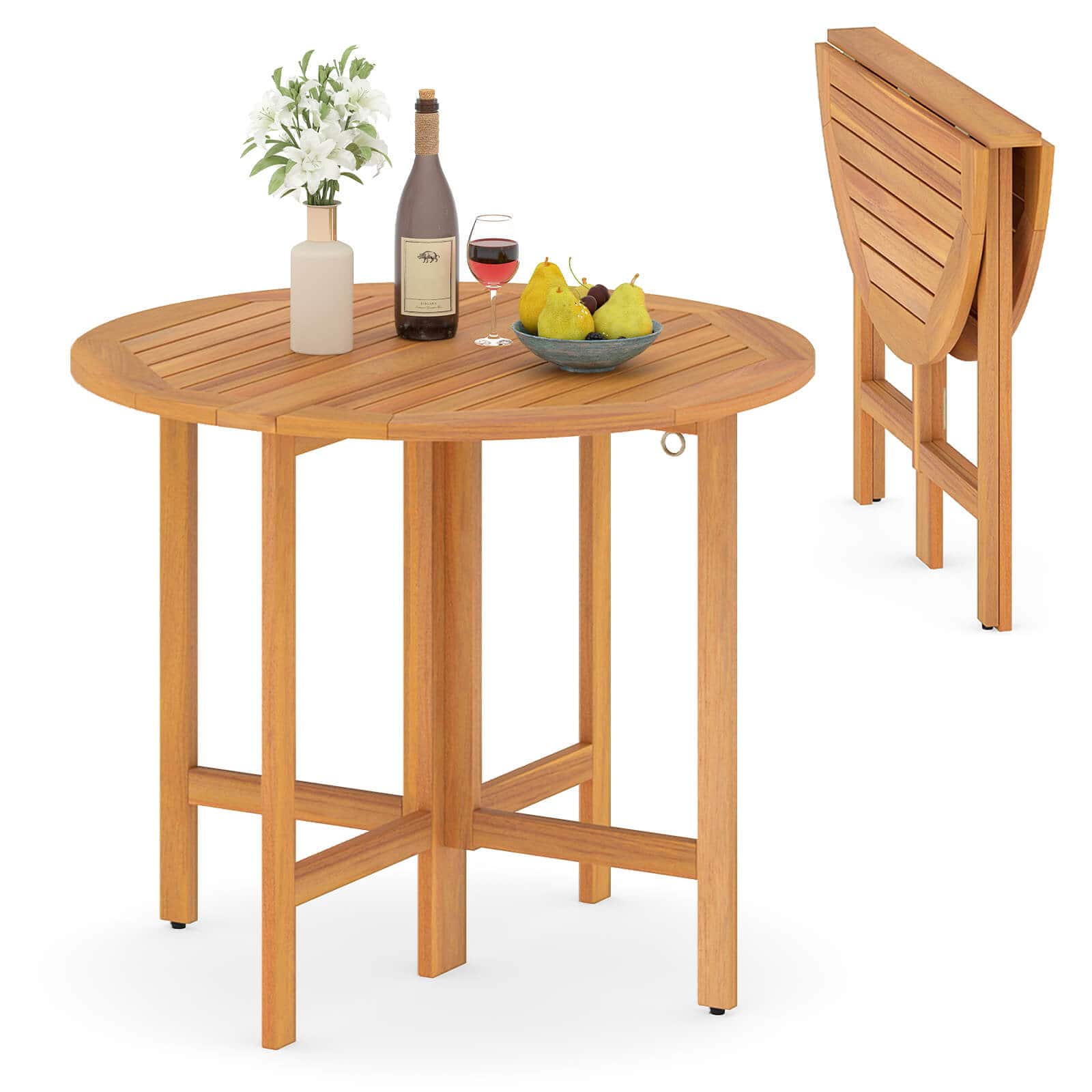 Costway - 36" Outdoor Folding Round Dining Table with Slatted Tabletop for Backyard - Brown