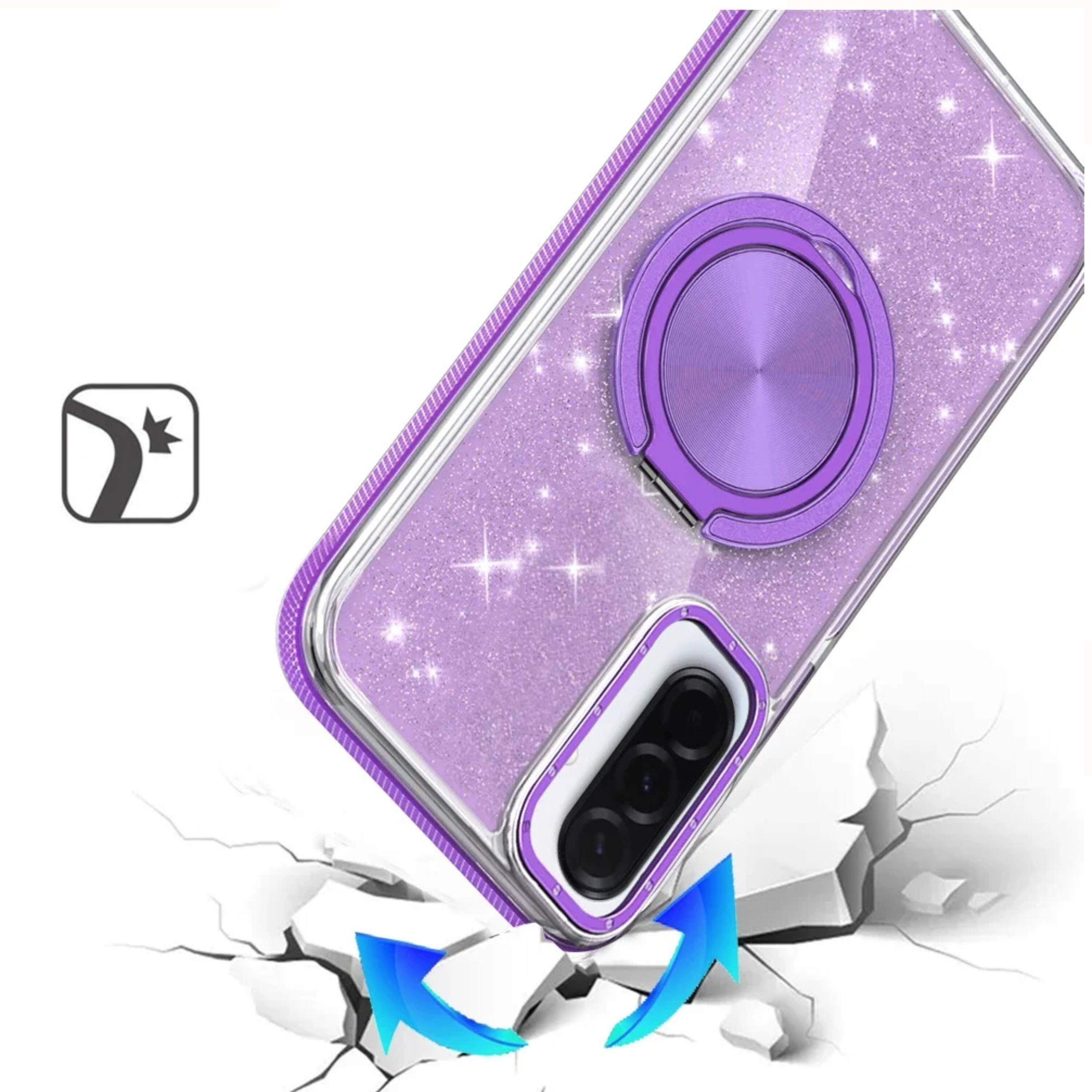 Angle. Kitcheniva - Magnetic Circle Glitter Case For Samsung A17 5G With Ring Stand And Tempered Glass Purple - Purple.