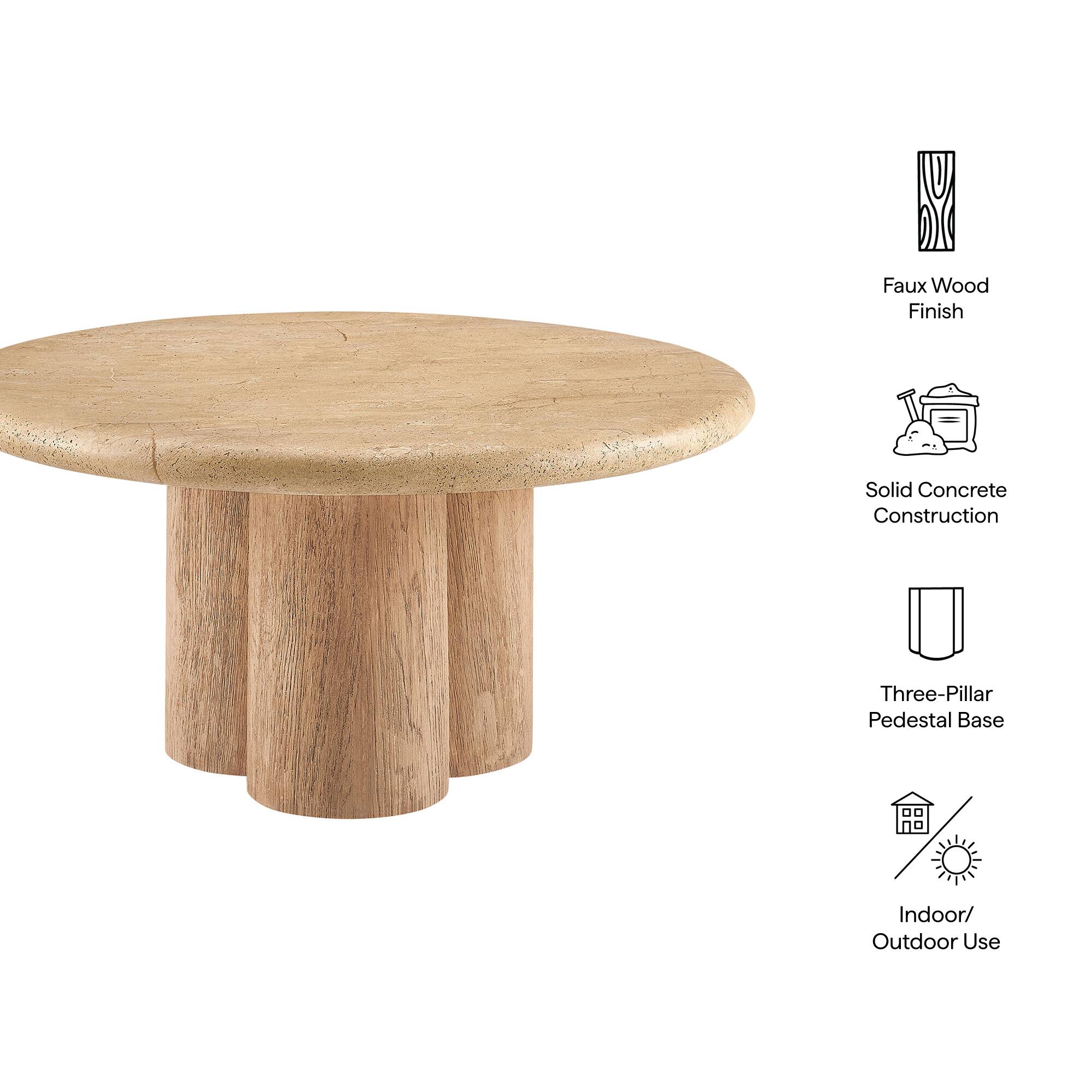 Faux Wood Finish  
Solid Concrete Construction  
Three-Pillar Pedestal Base  
Indoor/Outdoor Use