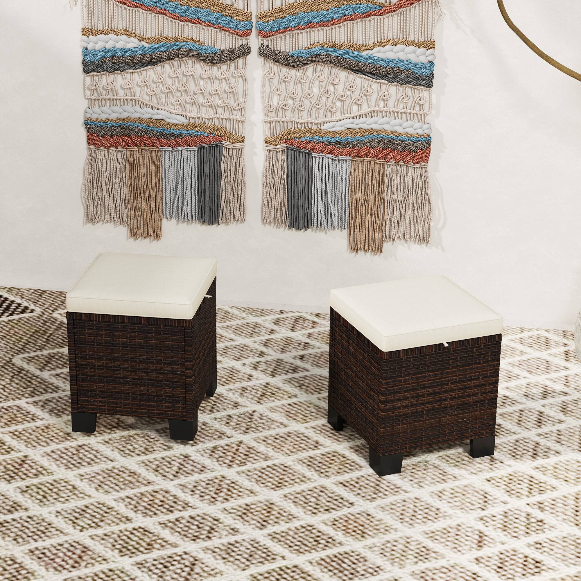 Alt View 8. Outsunny - 2 Pieces Outdoor Patio Ottomans, All Weather Wicker Outdoor Footstools with Removable Cushions - Beige.